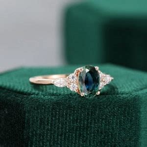 Oval Blue Green Sapphire Engagement Ring Vintage Unique Cluster Rose