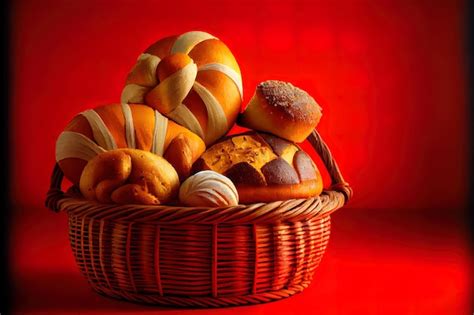 Premium Photo Assortment Of Baked Bread In Basket On Red Background Food