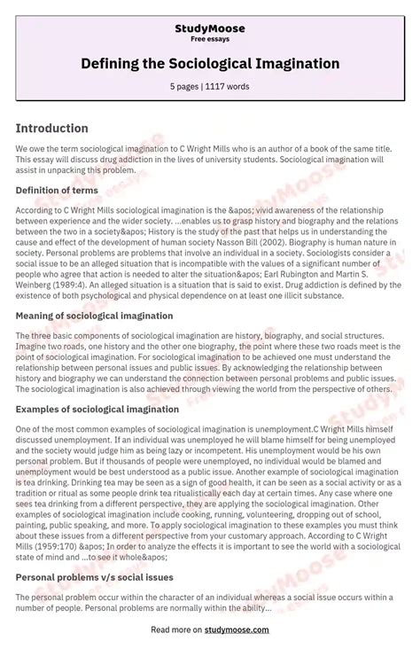 Defining The Sociological Imagination Free Essay Example