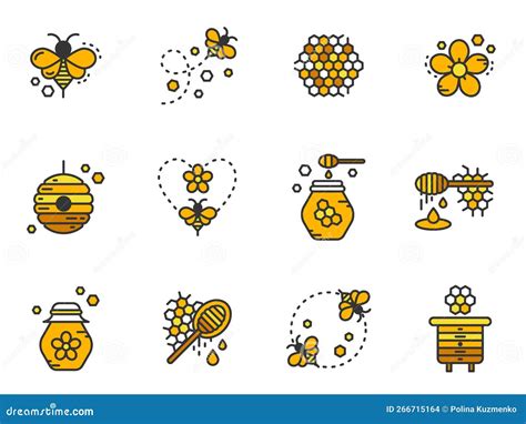 Honey Icons Set Bees Honeycomb Jar Of Honey Beehives Honey Dipper