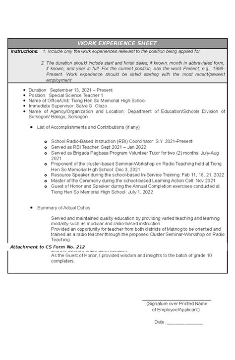 Work Experience Sheet Excel