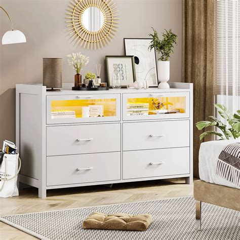 AOGLLATI 6 Drawer Dressers, White Dresser with LED Lights, Chests of ...