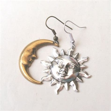 Mismatched Silver Sun And Antique Gold Moon Earrings Moon Necklace