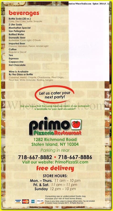 Primo Pizzeria Restaurant In Staten Island Menus Photos