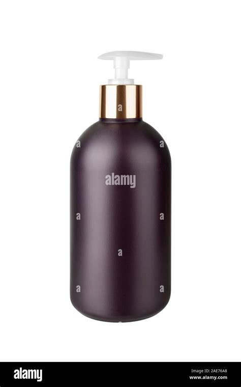 Dark Brown Plastic Cosmetics Bottle With Golden Metal Cap And Pump On