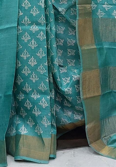 Block Printed Zari Border Tussar Silk Saree M With Blouse Piece