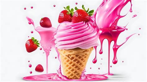 Soft Strawberry Ice Cream Cone With Swirl Splash Vector Ads Promo