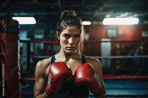 Portrait Of Female Boxer Wearing Red Boxing Gloves During Boxing Ring