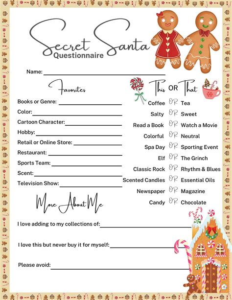 Secret Santa Questionnaire Customized To Order Christmas Gift