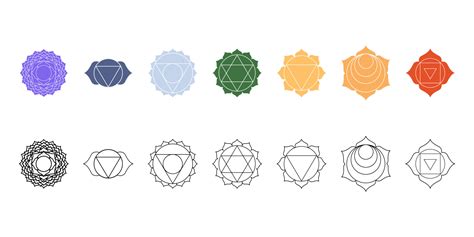 Seven chakras vector icons set. Color and black and white symbols of energetic yogi centers ...