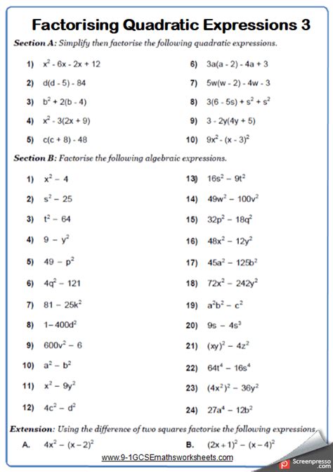 Factoring Quadratic Equations Worksheet Gcse Quadraticworksheet