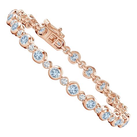 Bezel Set 315ct Aquamarine And Diamond Tennis Bracelet In 14k Rose