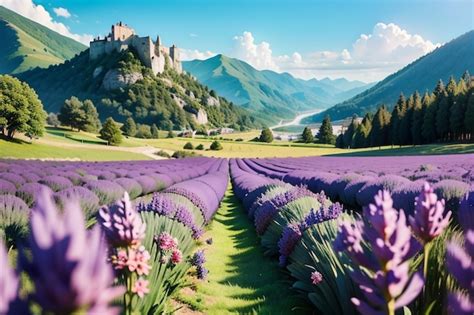 Premium AI Image | Lavender fields in the mountains with a castle in ...