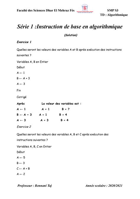 Algorithmique TD1 Correction TD Algorithmique Série 1