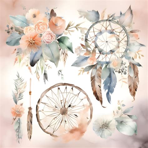 Premium Ai Image Watercolor Dreamcatcher With Feathers And Flowers