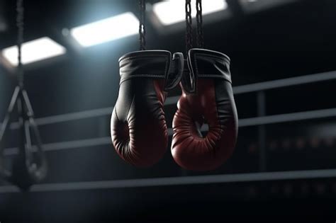 Premium Photo Two Boxing Gloves Hanging On A Rope In A Boxing Ring