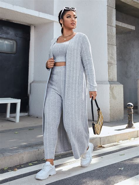 SHEIN EZwear Ensemble legging et manteau ouvert et débardeur côtelé