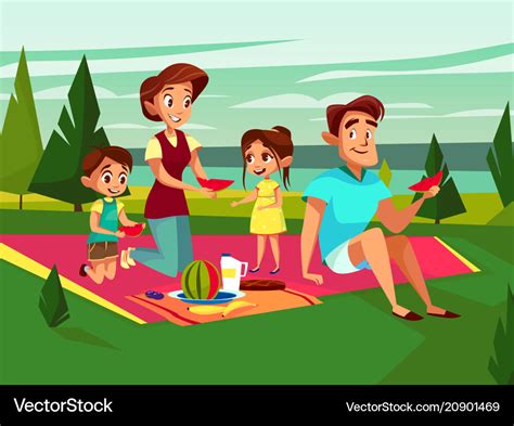 Cartoon caucasian family at picnic party Vector Image