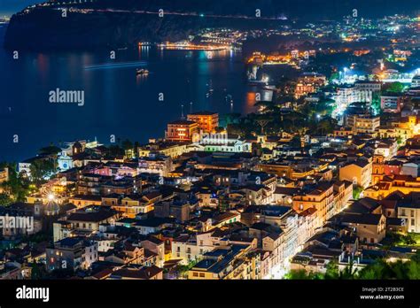 Panoramic View Of Sorrento And The Bay Of Naples In Italy At Night