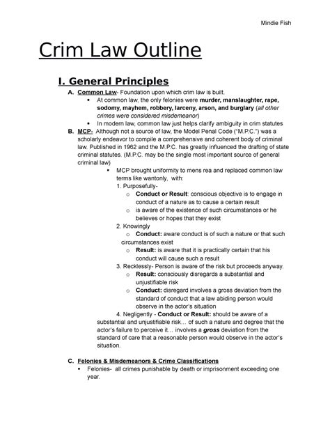 Crim Law Outline Crim Law Outline I General Principles A Common Law