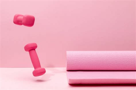 Pink Bright Dumbbells Levitating Air Pink Background Stock Photo