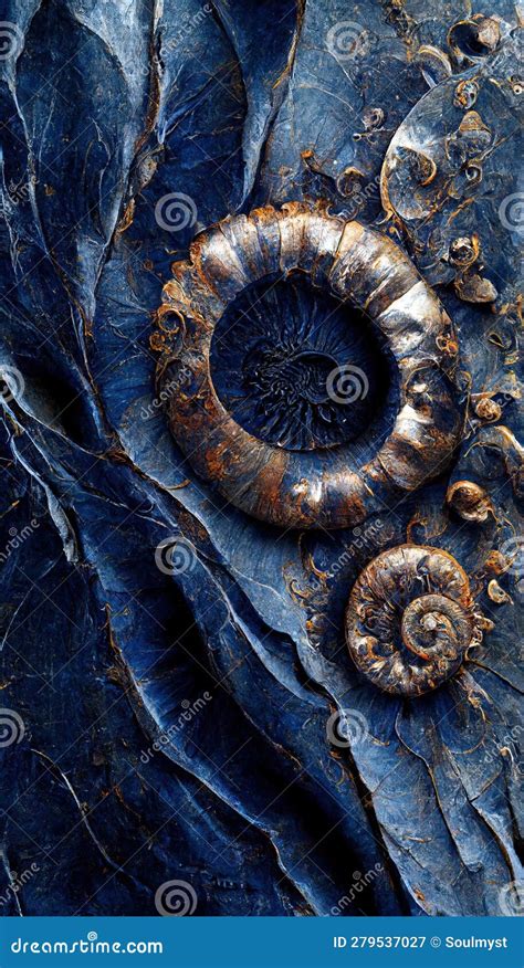 Fossilized Ammonite Sea Shell Spirals Embedded Into Dark Cobalt Blue