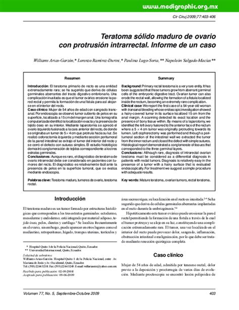 Pdf Teratoma Sólido Maduro De Ovario Con Protrusión Intrarrectal