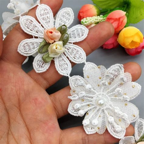 X Soluble White Pearl Daisy Flowers Embroidered Lace Trim Ribbon