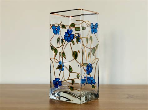 Vintage Rectangular Glass Vase Gold Trim Blue Gold Flowers Etsy