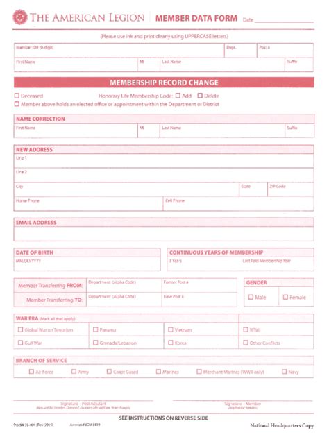 Fillable American Legion Member Data Form Fillable Form 2024