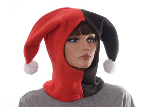 Jester Hood Red Black Hat Fleece White Pompoms Harlequin Cap Pom