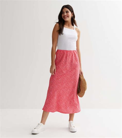 Influence Pink Ditsy Floral Midi Skirt New Look