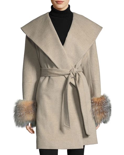 Sofia Cashmere Fur Cuff Open Front Belted Wool Cashmere Wrap Coat Lyst