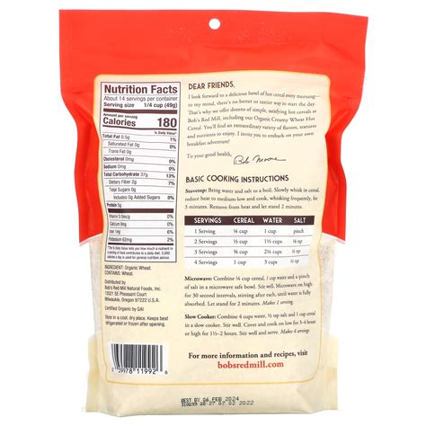 Bob S Red Mill Organic Creamy Wheat Hot Cereal Oz G