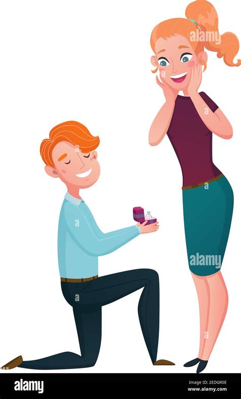 Marriage proposal cartoon characters scene with kneeling man with engagement ring and happy ...