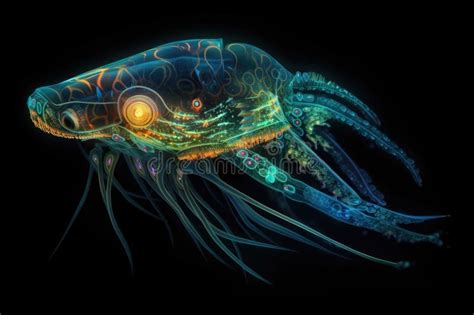 Deep Sea Creature Surrounded By Clouds Of Bioluminescent Light Stock