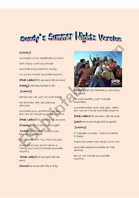 English Worksheets Summer Nights Sandy´s Version