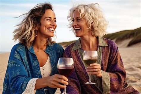 Premium Ai Image Two Women Toasting With Wine Glasses On A Beach