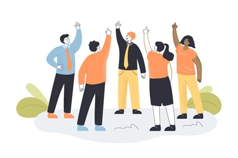 Team Of Workers Standing In Circle And Pointing Fingers Up PNG Images