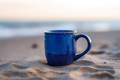 Premium Ai Image There Is A Blue Coffee Cup Sitting On The Sand On