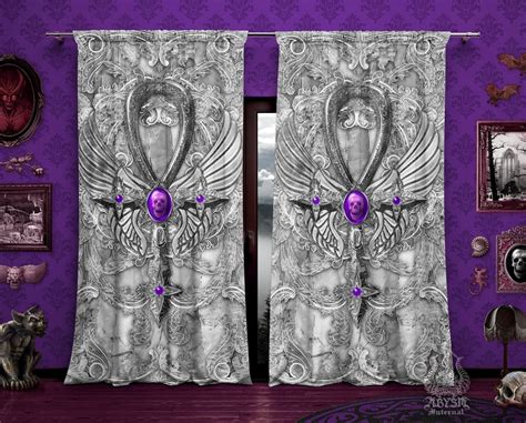 White Goth Curtains 50x84 Printed Window Panels Gothic Home Decor Art Print Stone Ankh