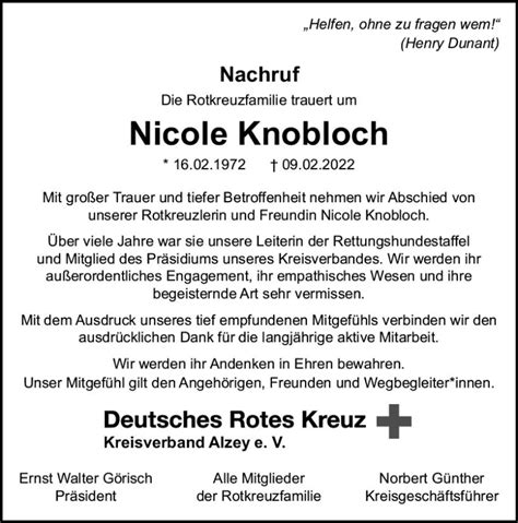 Traueranzeigen Von Nicole Knobloch Vrm Trauer De