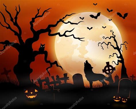 Halloween Night Background With Wolf Howling Pumpkins Owl On Tree And