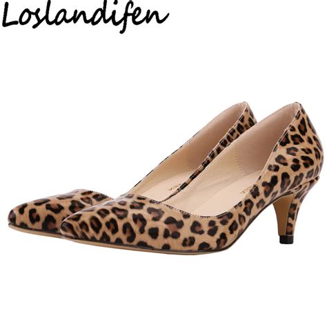 Loslandifen Brand Women Pumps Low Heel Leopard Print Pu Leather Shallow