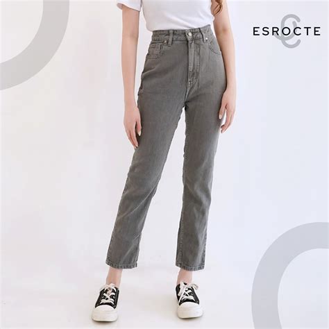 Jual ESROCTE Celana Boyfriend High Waist Mom Jeans Wanita P19 Light