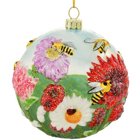 Bees And Flowers Relief Inch Glass Ornament