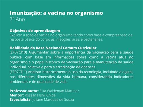 Plano De Aula Ano Ci Ncias Imuniza O A Vacina No Organismo