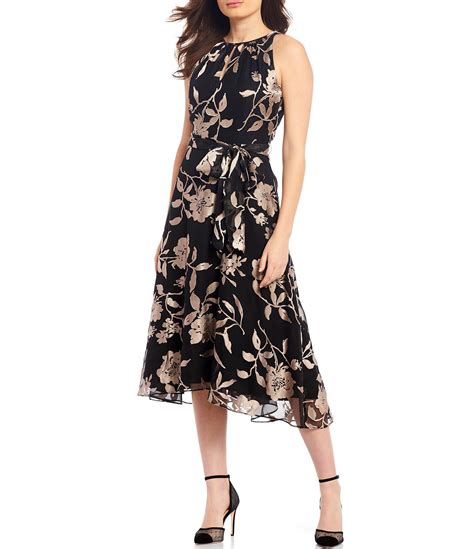 Tahari Asl Keyhole Neck Floral Print Tie Waist Midi Dress Dillards