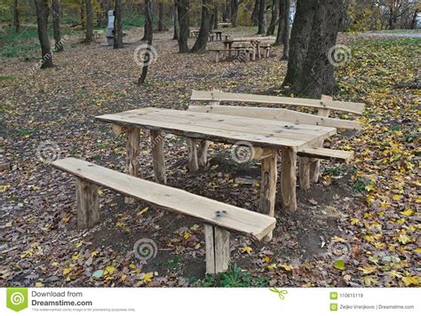 Picnic Area With Wooden Benches And Table In The Middle Of Forest Stock