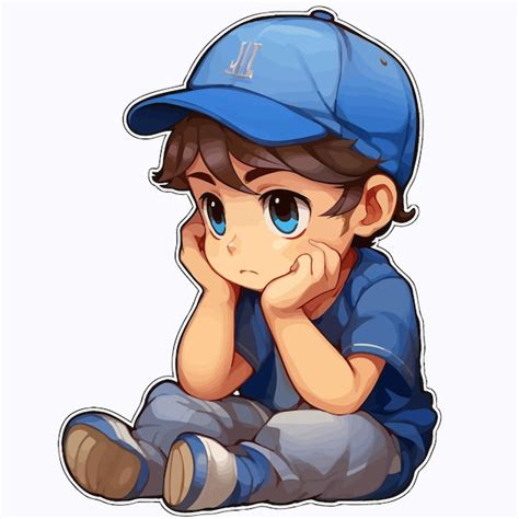 Una caricatura de un niño con una gorra azul y una camisa azul que dice